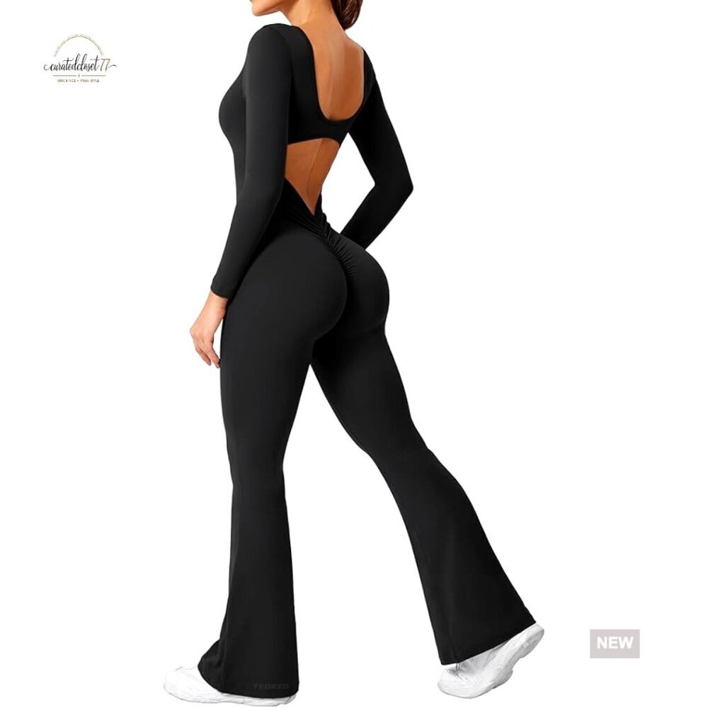 X-Small Long Sleeve Backless V Back Jumpsuit Wide Leg Yoga Romper Nylon Spandex